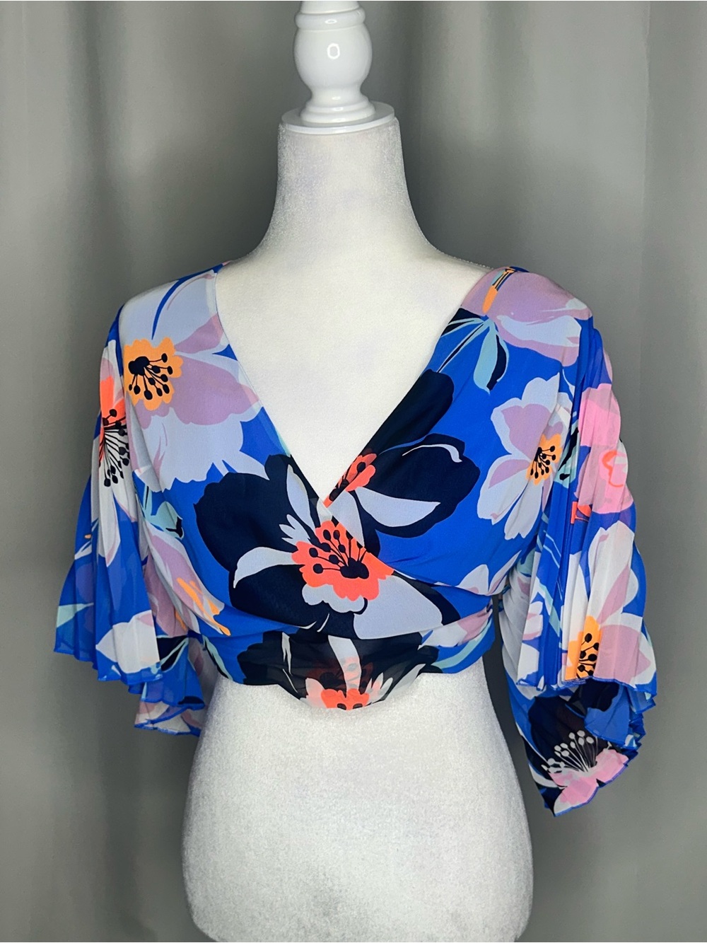 Express Blue Floral Wrap Crop Top with Flutter Sleeves